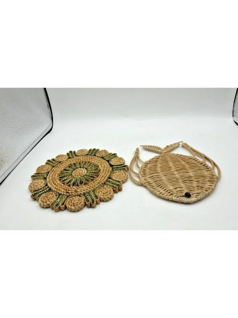 Vintage Wicker Straw Trivets Fish & Round Hot Pads Pot Mats Lot of 2 Boho Beach